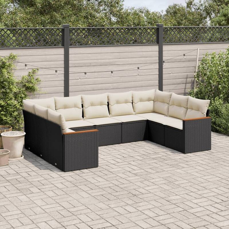 vidaXL Patio Sofa Set with Cushions Outdoor Conversation Furniture Poly Rattan - 24.4 x 24.4 x 27.2 in - Black and cream without table