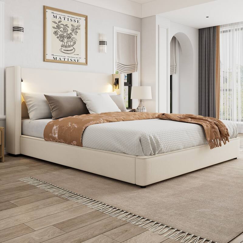 Christopher Knight Home- Cassie Upholstered Bed Frame with Reading Lamp & USB Port - Beige+Cal King