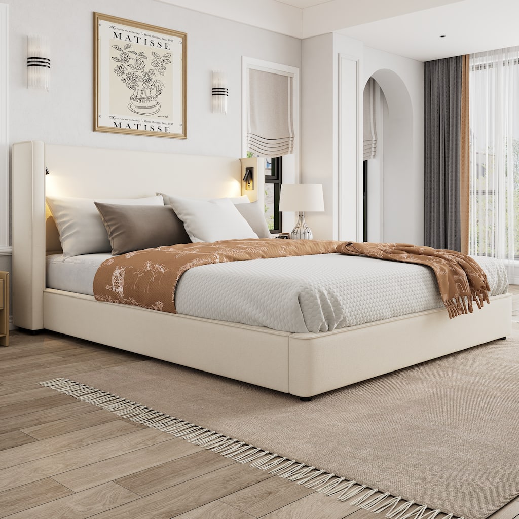 Christopher Knight Home- Cassie Upholstered Bed Frame with Reading Lamp & USB Port