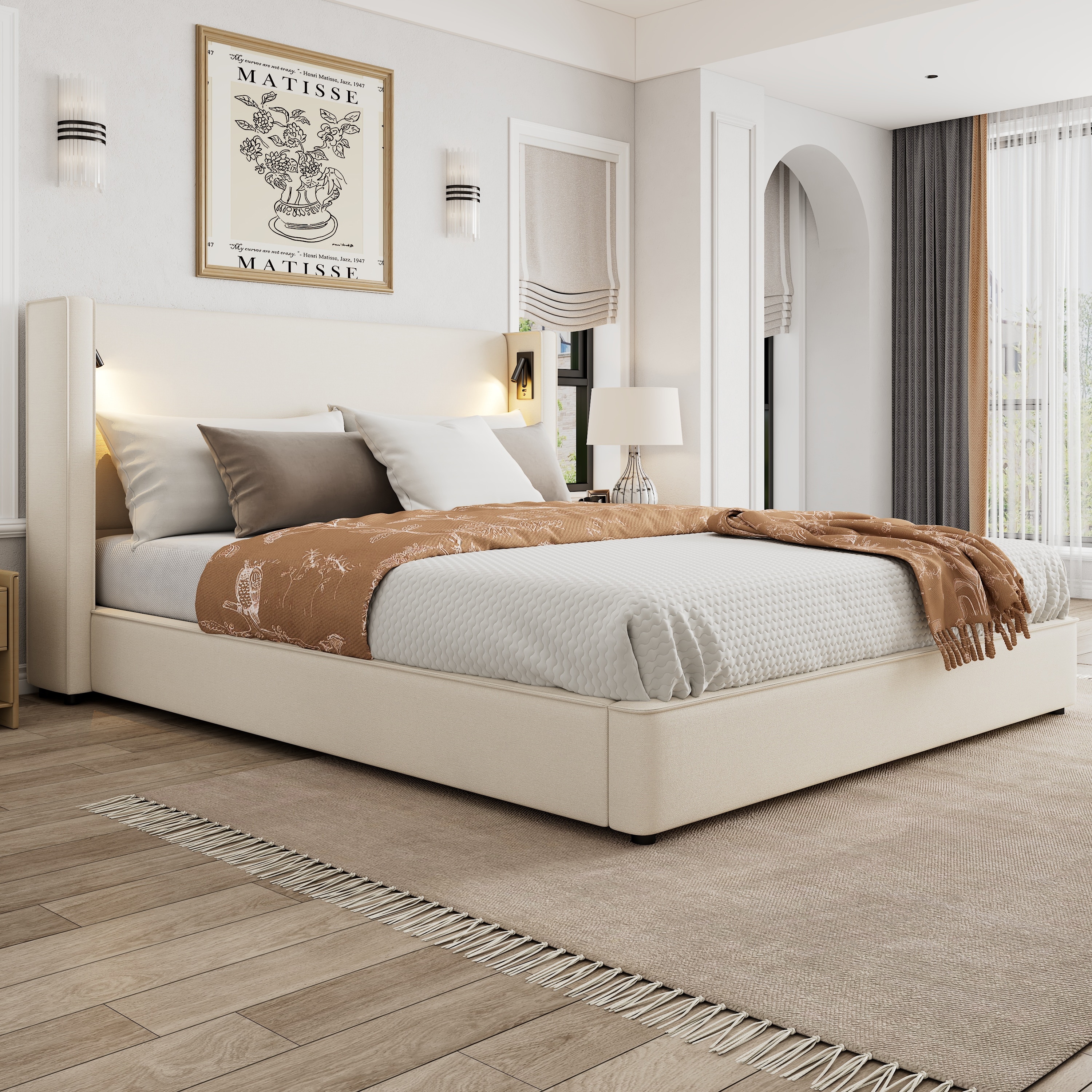 Christopher Knight Home- Cassie Upholstered Bed Frame with Reading Lamp & USB Port