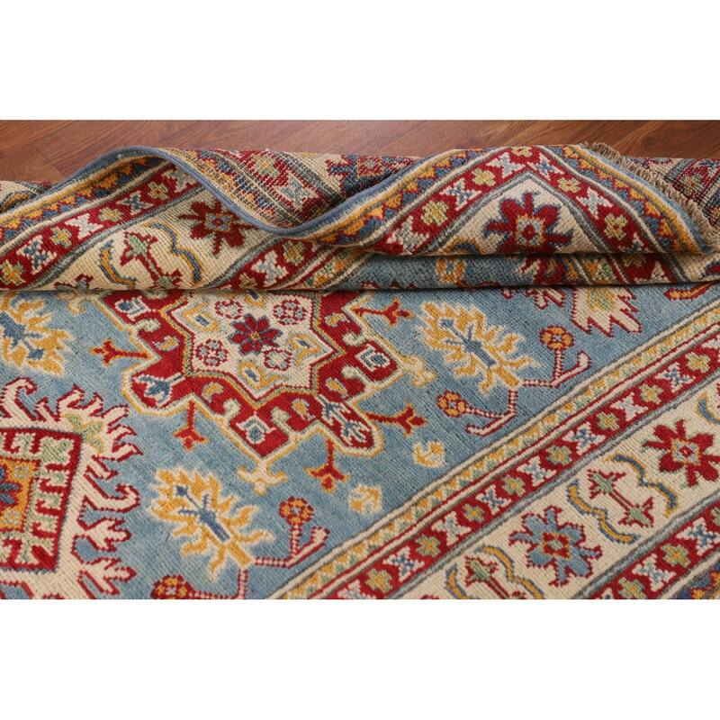 Light Blue Kazak Accent Rug Hand-Knotted Geometric Wool Carpet - 3'4"x 4'11"