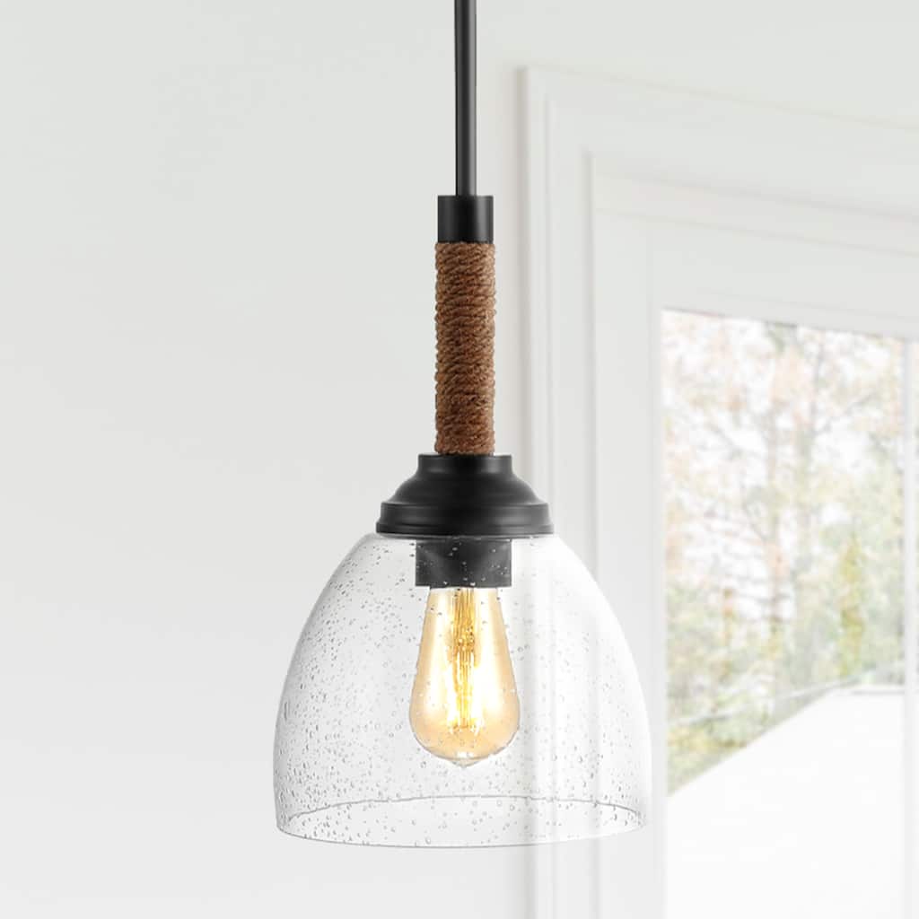 Hampton 7.63" Adjustable Rope-Wrap Modern Rustic Iron/Glass LED Pendant, Black by JONATHAN Y
