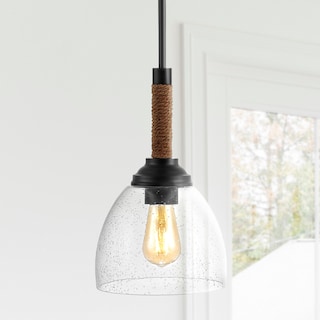 Hampton 7.63" Adjustable Rope-Wrap Modern Rustic Iron/Glass LED Pendant, Black by JONATHAN  Y