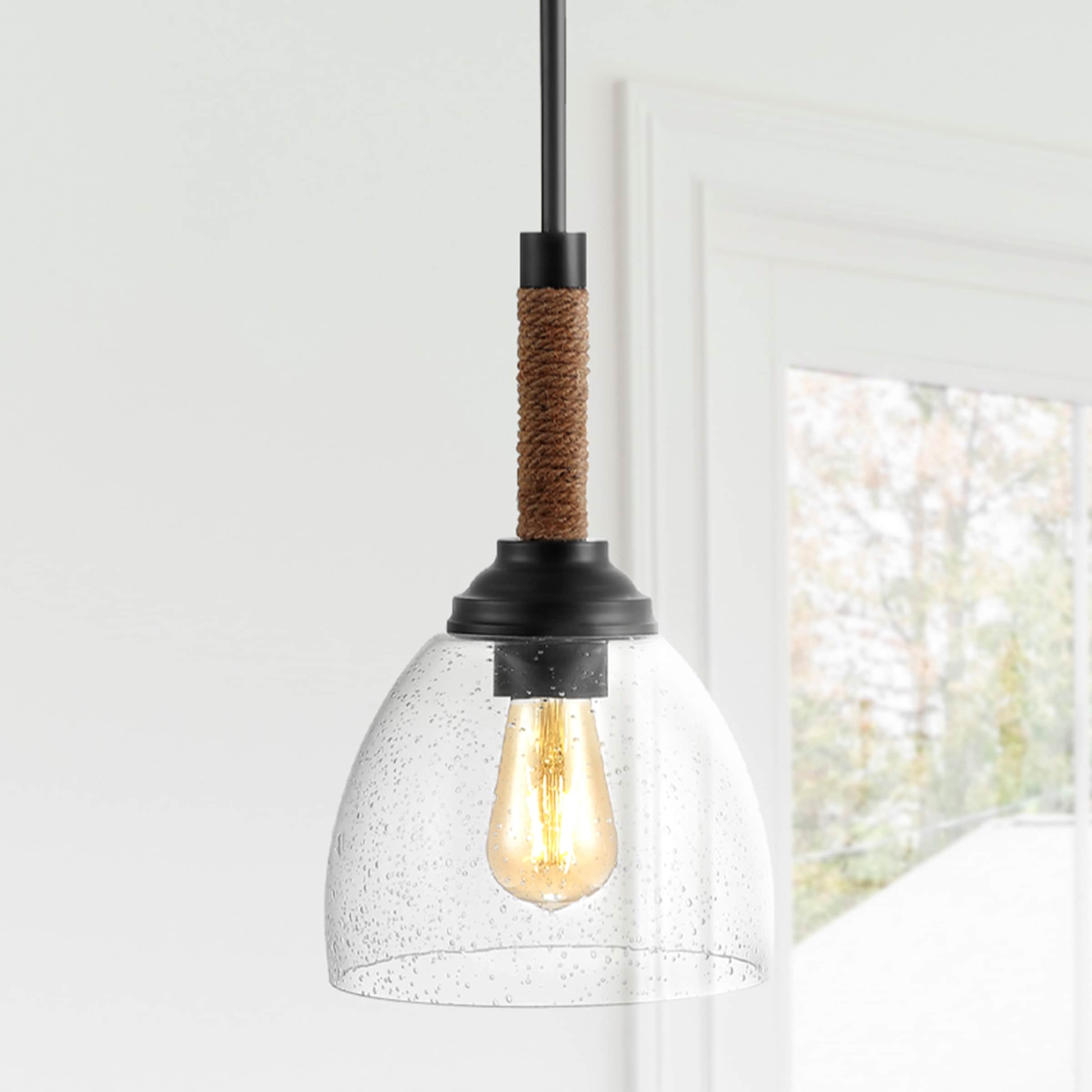 JONATHAN Y Hampton 7.63" Adjustable Rope-Wrap Modern Rustic Iron/Glass LED Pendant, Black