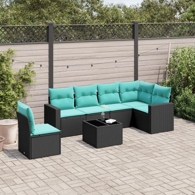 vidaXL Patio Sofa Set with Cushions Outdoor Conversation Furniture Poly Rattan - 25.8" x 24.4" x 27.2" - Black and blue with table