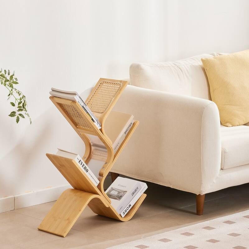 Rattan Tree Bookshelf 6-Tier Freestanding Bookcase for Living Room