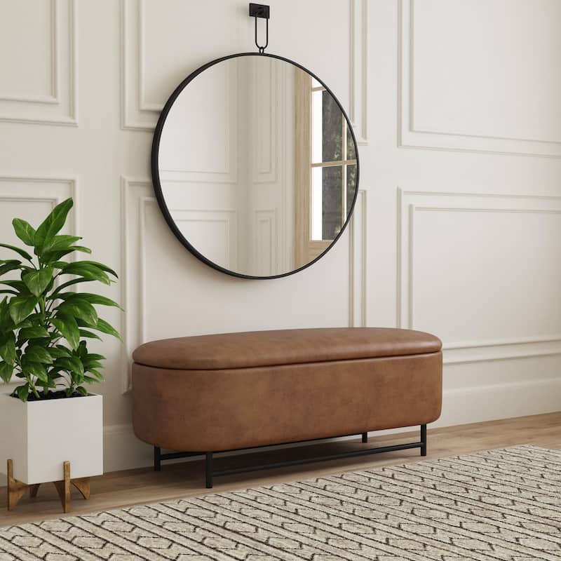 HomePop Ellipse Modern Storage Bench with Metal Legs - Brown Faux Leather