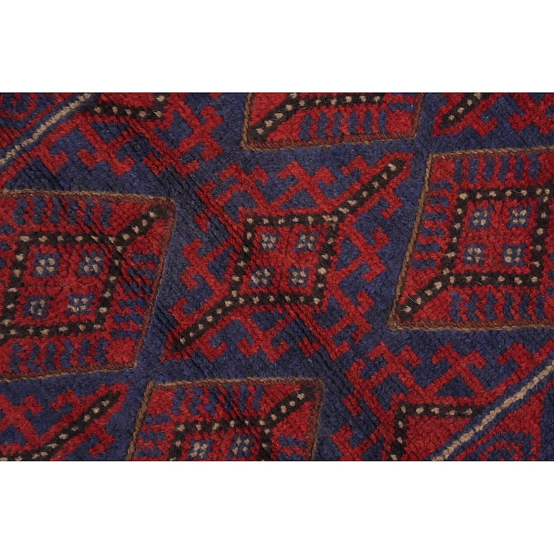 Hand Knotted Oriental 100% Wool Carpet Traditional Tribal Navy Blue & Blues Balouch Runner Rug - 8' 1'' X 2' 0''