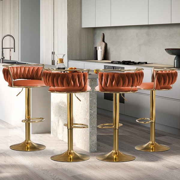 Set of 4 Bar Stools Adjustable Swivel with Gold Frame - On