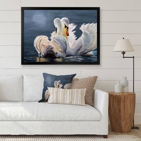 Designart 'Two Graceful White Swans On A Misty Blue Lake' Nautical & Coastal Framed Art Print