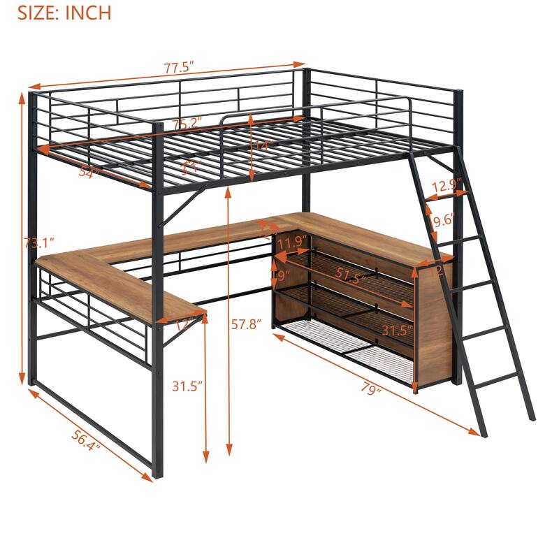 Black Metal Loft Bed with L-shaped Desk and 3 Layers of Shelves, Reversible Ladder