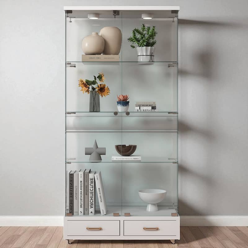65.9" Modern Glass Display Cabinet with LED Lights, 2 Lockable Drawers & 4 Shelves, Curio Storage Case