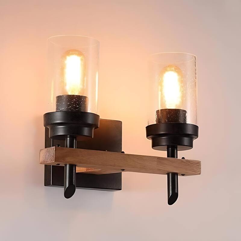 2-light Modern Wood Accents Wall Sconce With Seeded Glass Shade