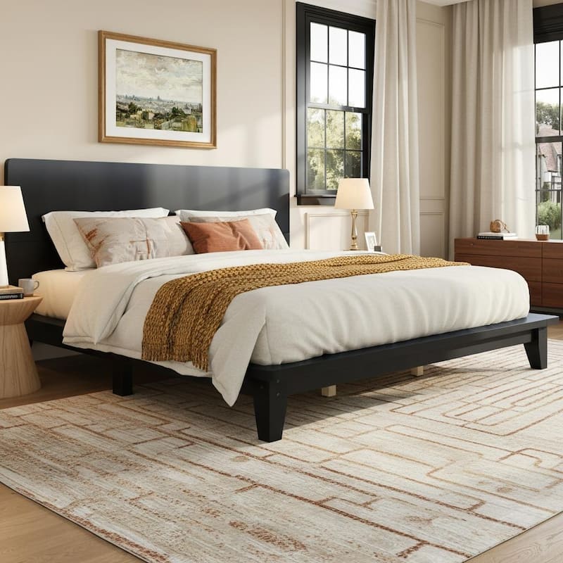 Minimalist Wood Platform Bed Frame with Headboard by Harper&Bright Designs