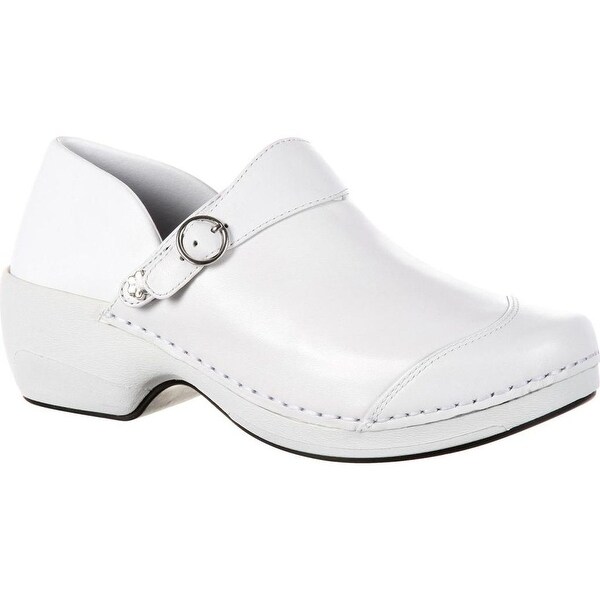 white patent leather clogs