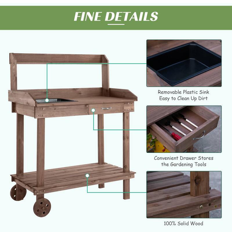 Outsunny 36.25" x 17.75" x 46.75'' Wooden Potting Bench Work Table with 2 Removable Wheels & Large Storage Spaces
