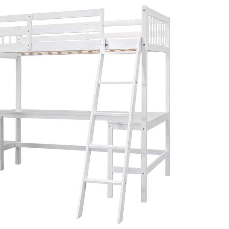 Twin Size L-Shaped Loft Bed with Ladder and 2 Built-in Desks, White