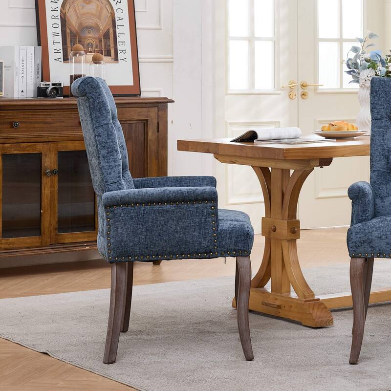 Upholstered Chenille Fabric Accent Dining Chair, Curved Solid Wood Legs, Elegant Tufted Club Dining Room Kitchen Room Arm