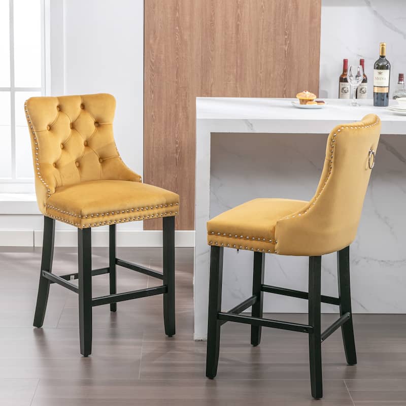 Roomfitters Velvet Bar Stools Set of 2, Tufted Upholstered Counter Chairs with Nailhead Trim and Wooden Legs