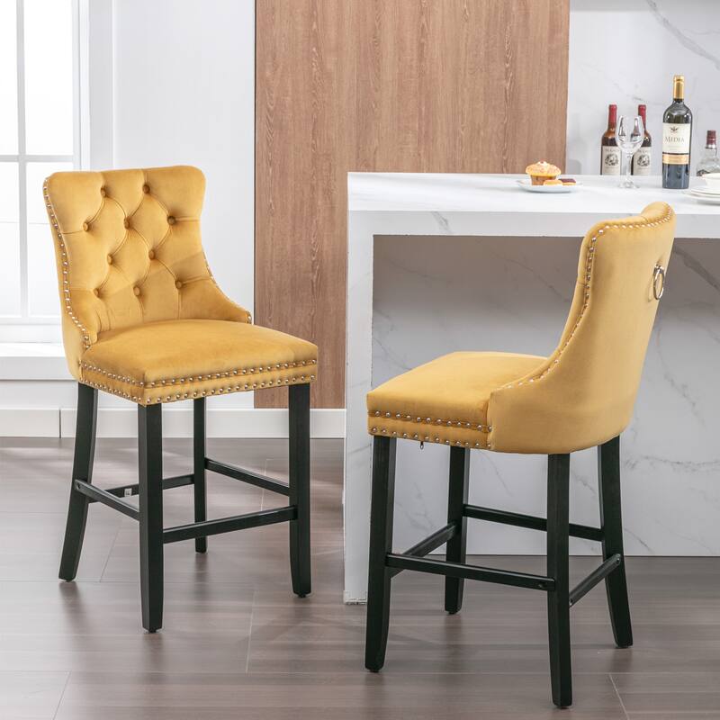 Set of 2 Contemporary Velvet Bar Stools with Button Tufting, Wood Legs & Chrome Nailhead Trim - Golden