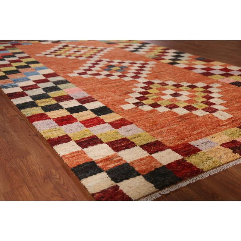 Checkered Orange Moroccan Oriental Rug Handmade Wool Carpet - 6'7" x 9'8" - 6'7" x 9'8" - Orange