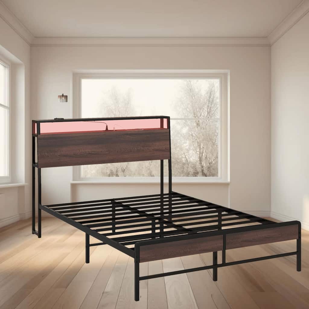 Full Size Platform Bed Frame with LED Lights, Charging Station, 3-Tier Storage Shelf, Noise-Free, No Box Spring Needed