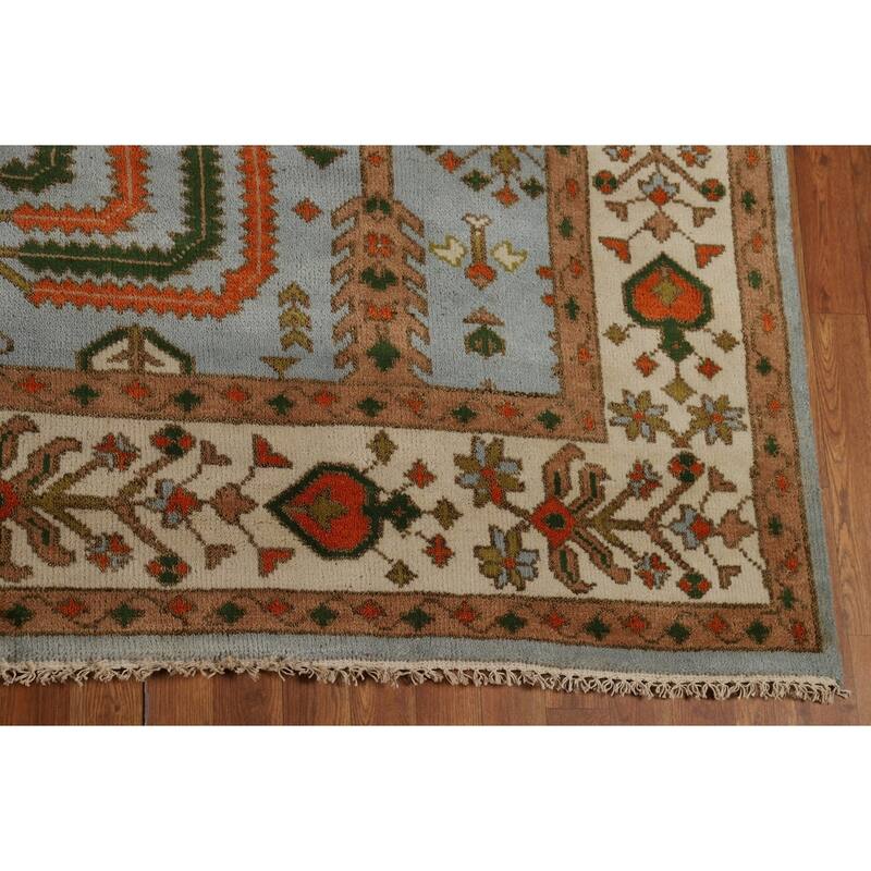 Light Blue Geometric Oushak Indian Area Rug Hand-Knotted Wool Carpet - 9'0"x 11'9"