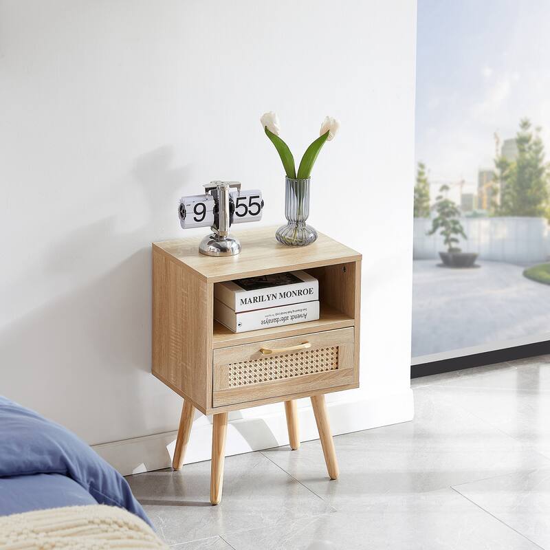 15.75" Rattan End table with drawer and solid wood legs, Modern nightstand, side table - Natural