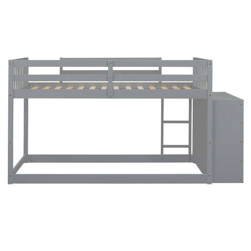 Twin Over Twin/Full Over Full Floor Bunk Bed with Drawers and 3 Storage Shelves, Solid Wood Low Bunk Bed Frame with Ladder