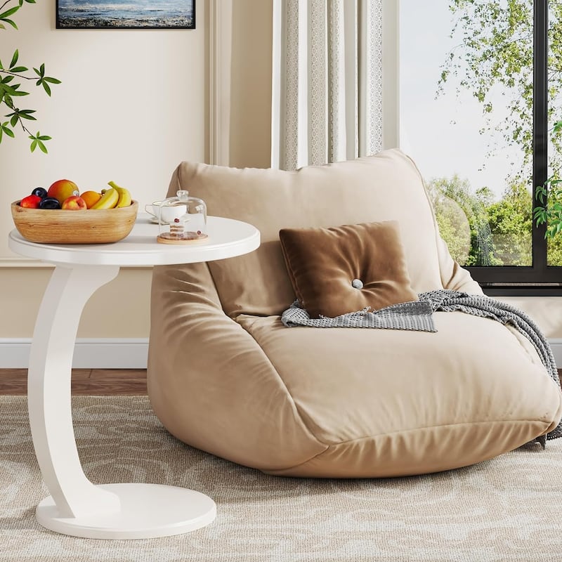 Solid Wood Round End Table Mid Century C-Shaped Side Table for Living Room & Bedroom