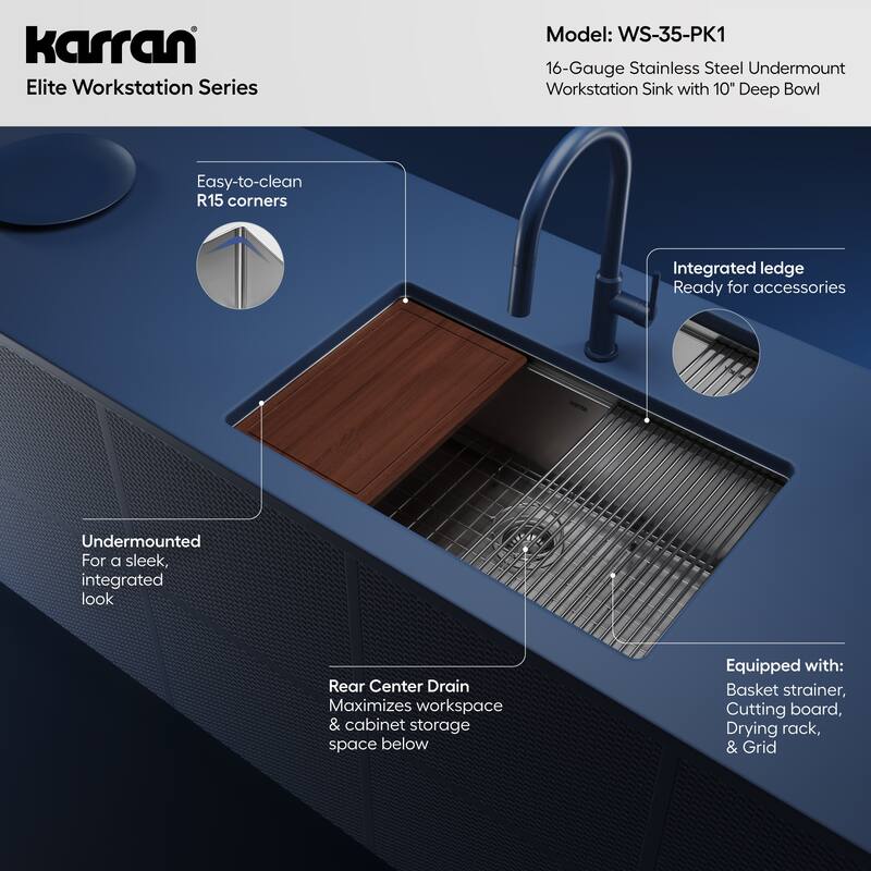Karran Elite WS-35-PK1 Undermount 30" Single Bowl Stainless Steel Workstation Kitchen Sink