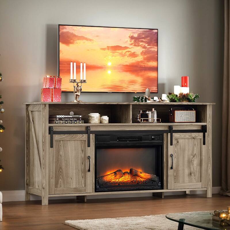 Farmhouse 59.5'' TV Stand For Tvs Up To 70'' With Electric Fireplace and Adjustable Shelves