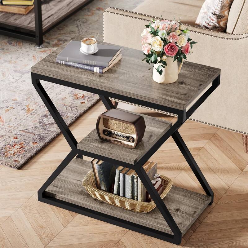 Industrial End Table, Small 3-Tier Side for Living Room - Grey - MDF