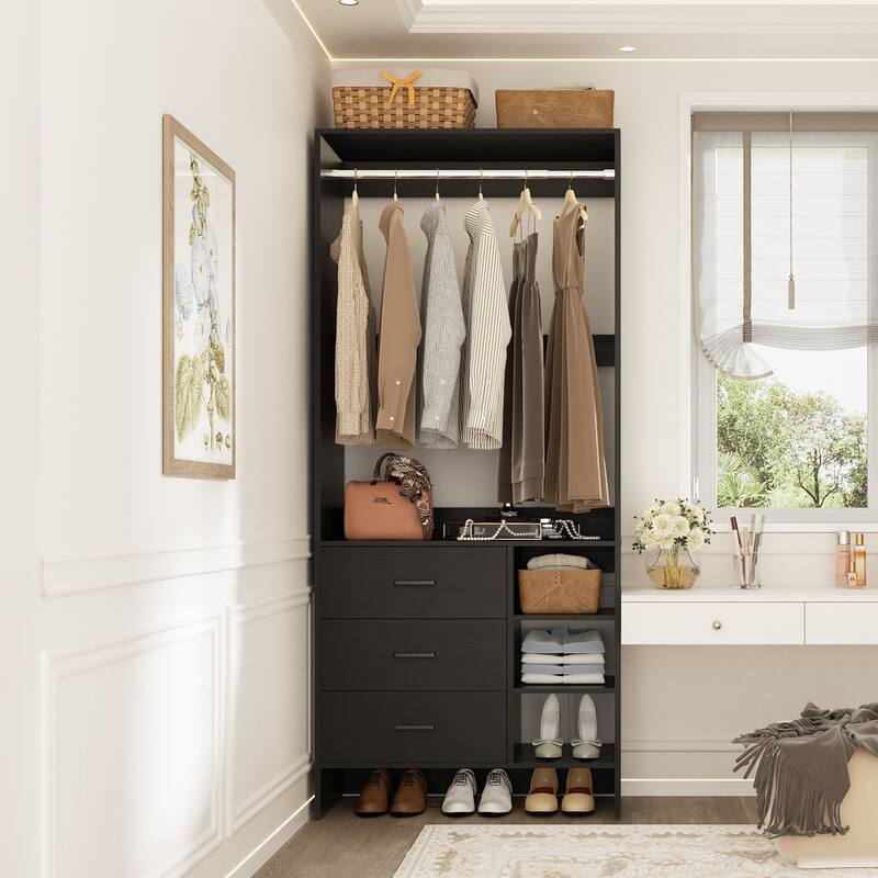 Cimly 30'' W Freestanding Closet Sytem with Hanging Rod, Closet Organizer with Drawers and Shelves