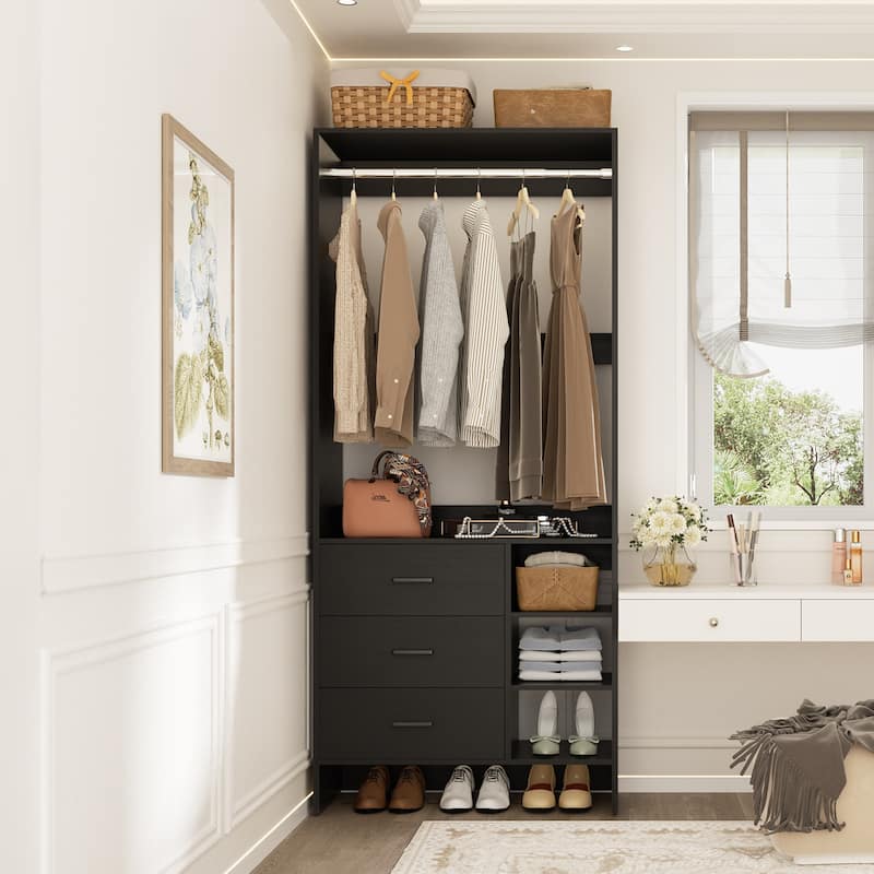 Cimly 30'' W Freestanding Closet Sytem with Hanging Rod, Closet Organizer with Drawers and Shelves - 1pc - Black