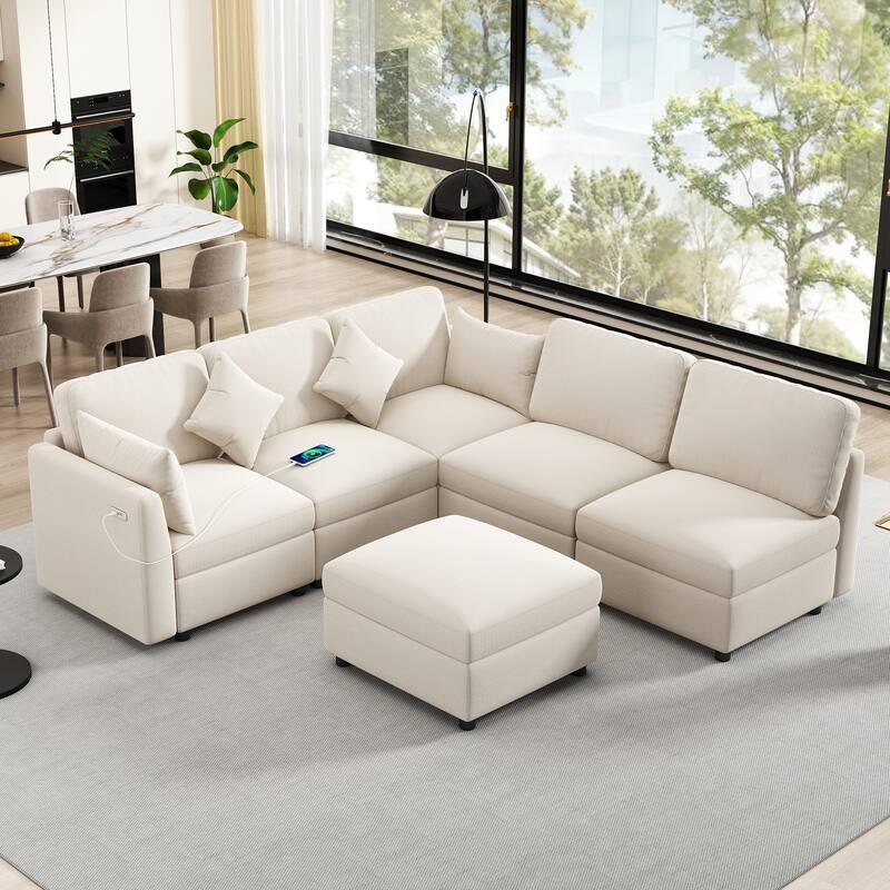 L-Shaped Modular Sectional Sofa Convertible U-Shaped Sofa Bed with Movable Ottoman and 2 USB Ports, 2 Pillows, Chenille 5 Seat