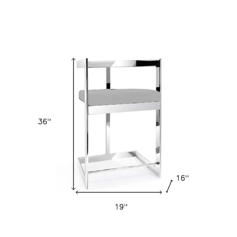 26" Gray And Silver Velvet And Stainless Steel Low Back Counter Height Bar Chair