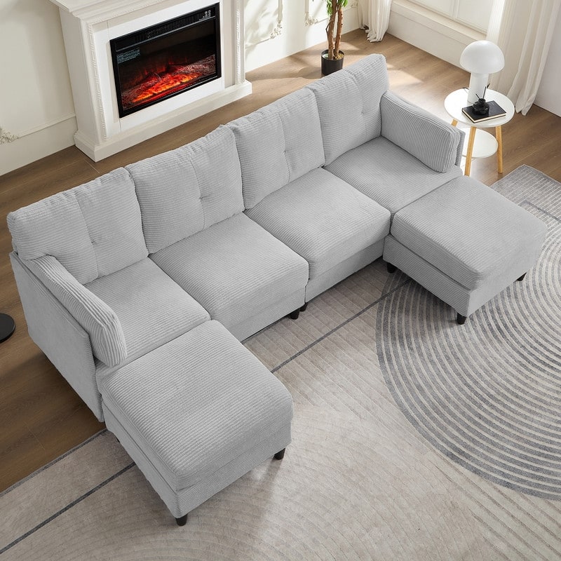 Mixoy W89inch U-Shaped Corduroy Sectional Sofa with Reversible Ottoman,Upholstered 4-Seater Sofa - 4+2 - Light Grey