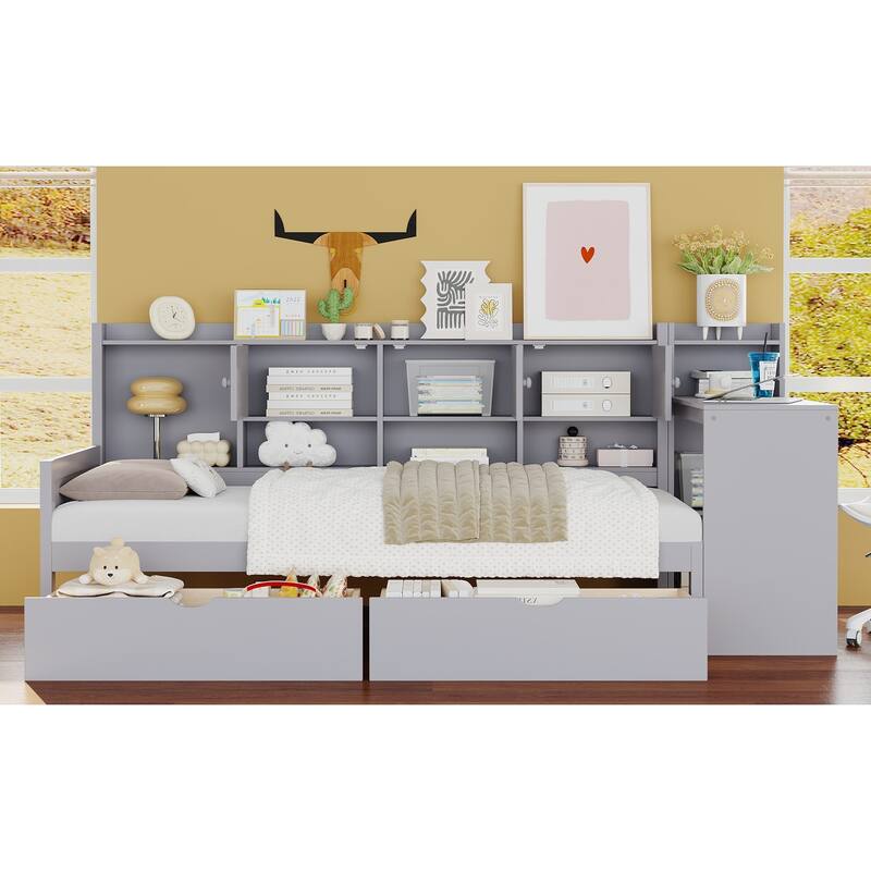 Twin Size Wood Daybed with L-Shape Design and 3 Cabinets, 2 Drawers and Built-in Study Desk