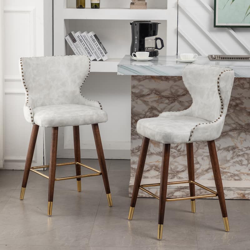 Roundhill Furniture Nevis Mid-century Modern Faux Leather Tufted Nailhead Trim Counter Stool Set of 2 - White