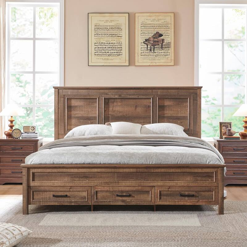 Farmhouse Queen Wood Bed Frame with 52" Tall Headboard & Footboard