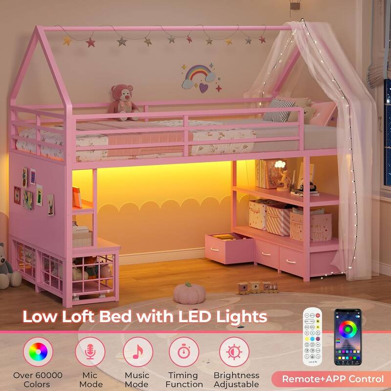 House Low Loft Bed Twin Size 5 Storage Drawers Bookcase LED Lights