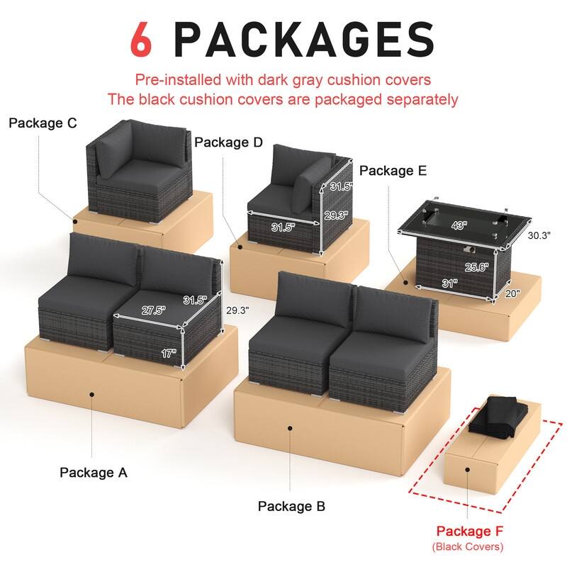 7 Piece Outdoor Sectional Modular Wicker Patio Conversation Set with 43'' Fire Pit Table and Cushion