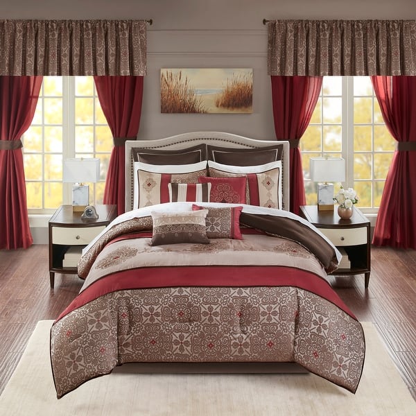 slide 1 of 26, Madison Park Essentials Parker Jacquard Embroidered Pieced 24 Piece Room in a Bag Red - California King