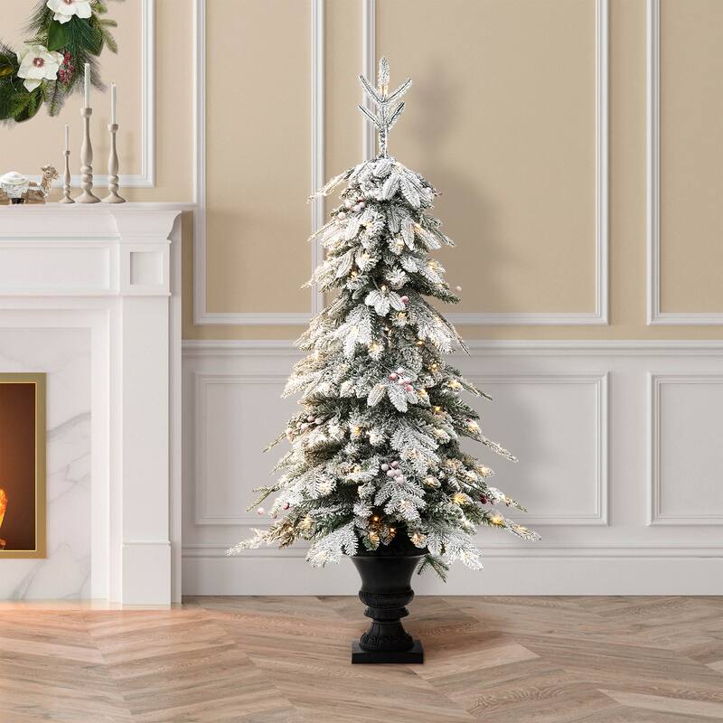 Glitzhome 4FT/5FT Pre-Lit Flocked Fir Artificial Christmas Potted Porch Trees