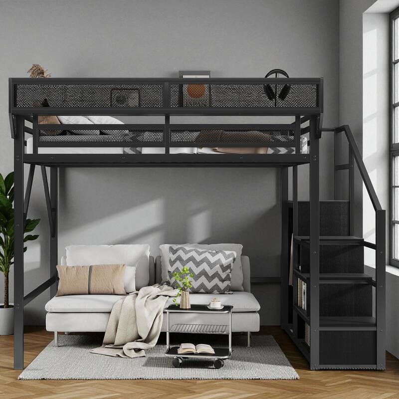 Full/Queen Size Metal Loft Bed with Stairs, Wardrobe, and Storage Shelves, High Loft Bed Frame for Kids and Teens