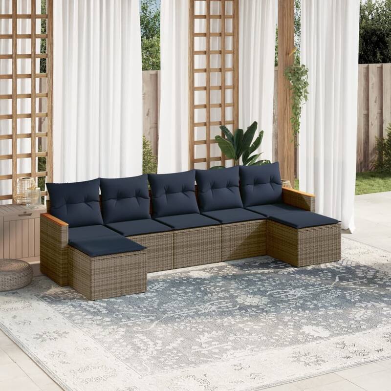 vidaXL Patio Sofa Set with Cushions Outdoor Conversation Furniture Poly Rattan - 21.7x 24.4x 27.2 - Grey and Blue-Without table