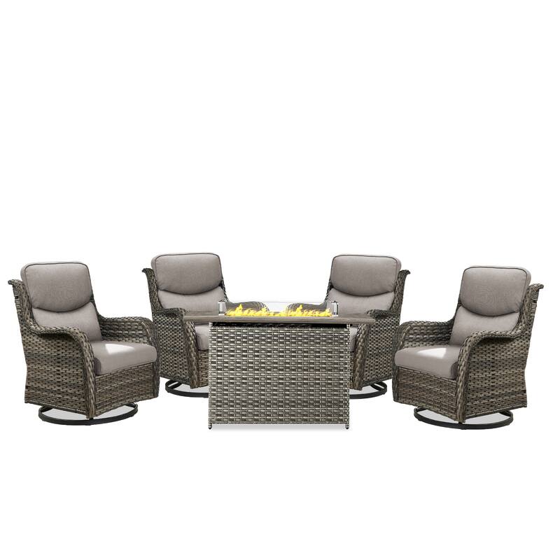 5 Pieces Outdoor Swivel Chairs Fire Pit Table with 5-Inch Thick Cushions