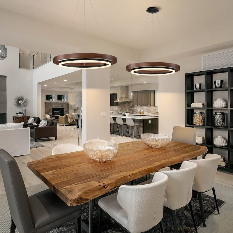 Modern 24" Walnut LED Wood Chandelier Ring Chandelier for Living Room Foyer