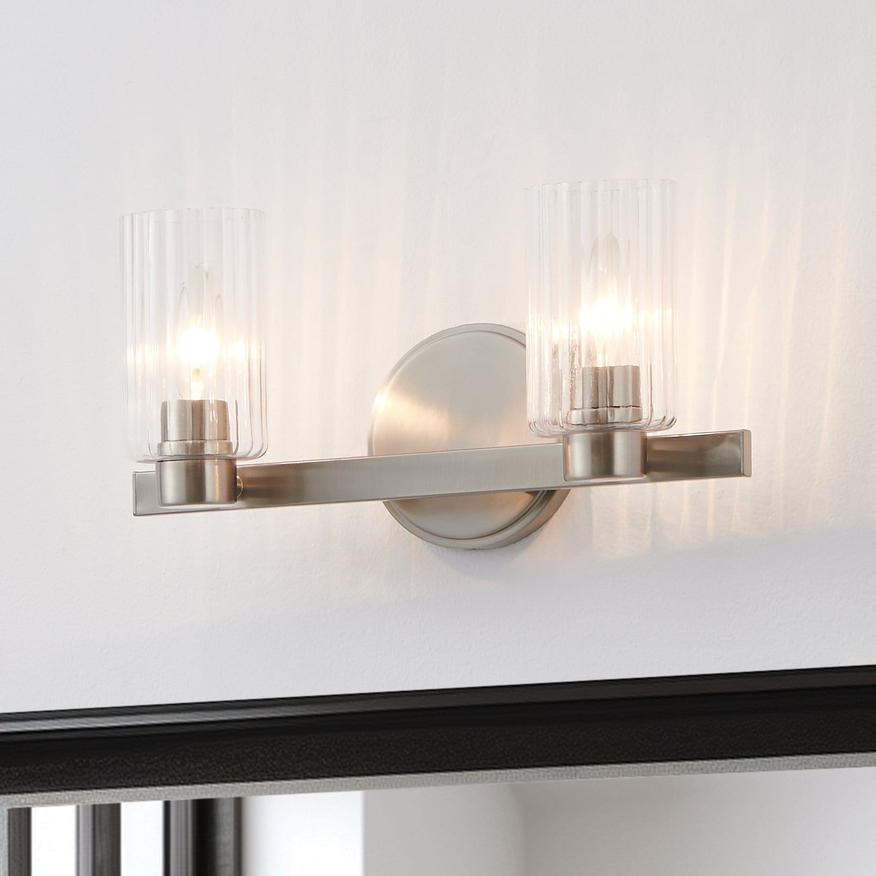 Thesis Bedminster 14-inch 2-light Brushed Nickel Vanity Light with Clear Ribbed Glass Shades